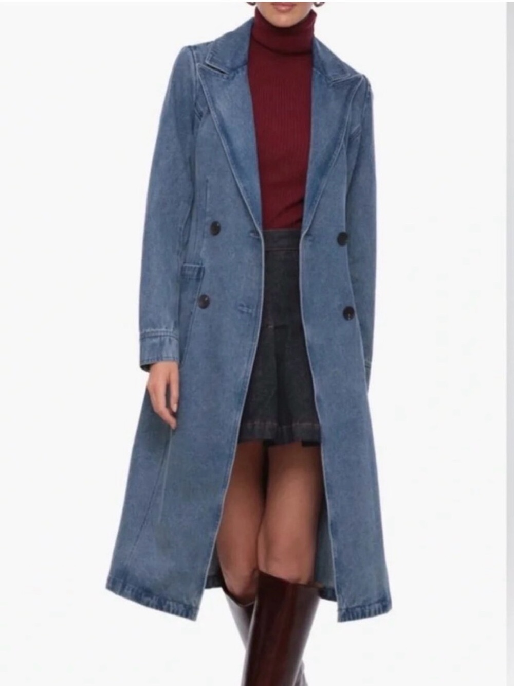 NWOT House of Harlow 1960 Double Breasted Denim Blue Belted Trench Coat Size M - Picture 2 of 7